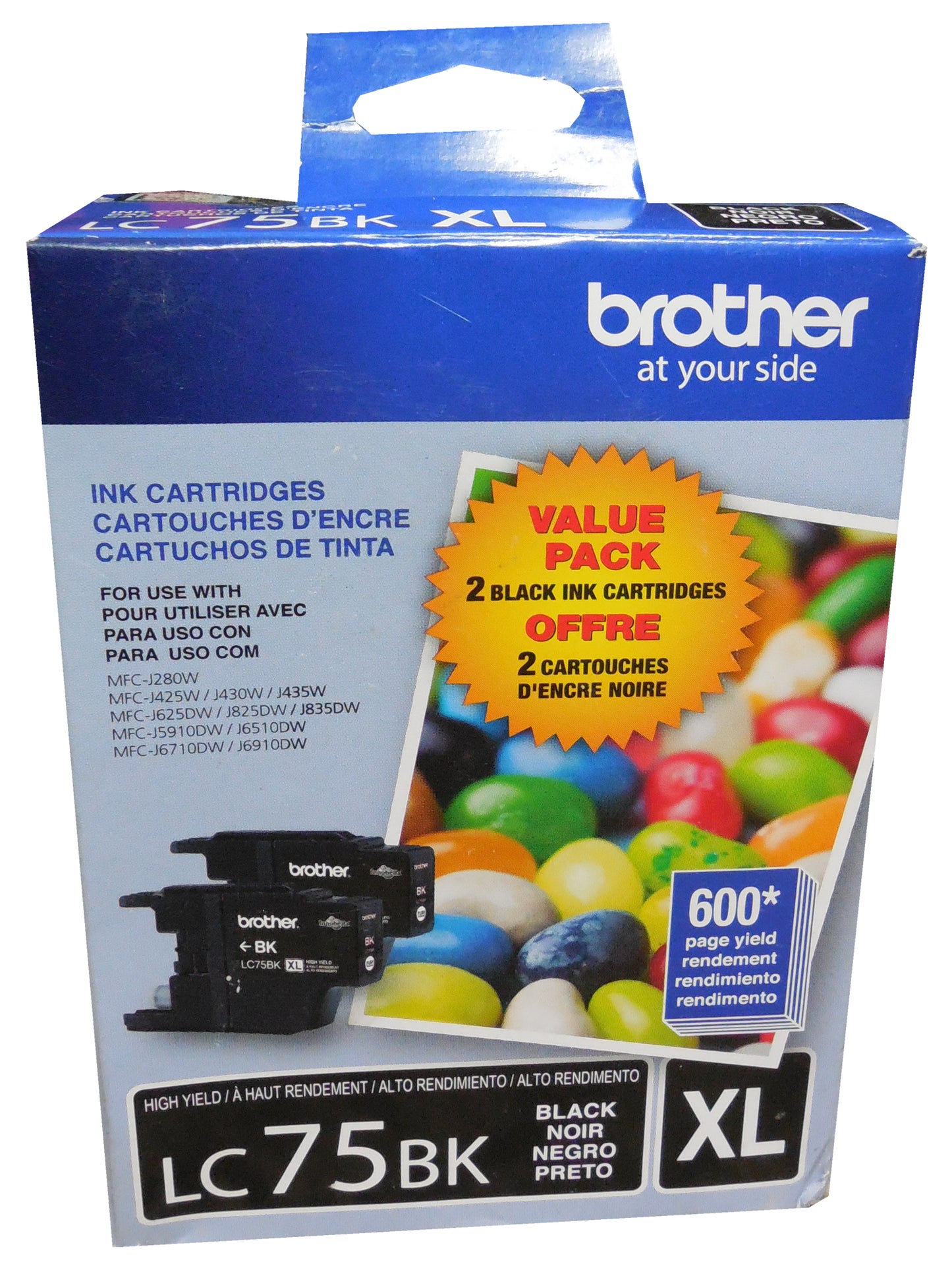 BROTHER LC-75BK XL 2Pk Black High Yield Ink 2-Pack 600p ea.
